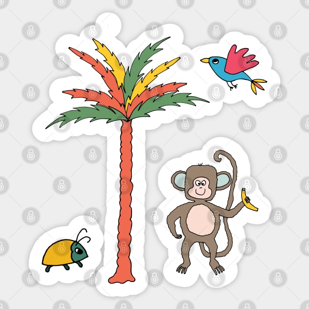 Monkey and banana with tropical bird, beetle and palm tree - kids décor and stickers Sticker by FrancesPoff